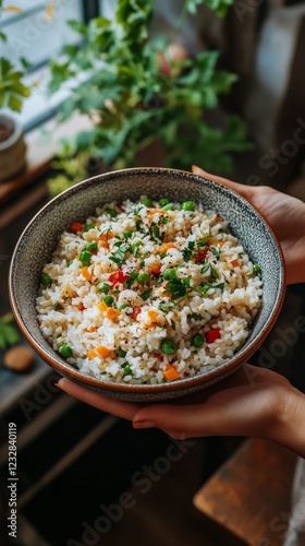 Colorful vegetarian bowl featuring rice, fresh vegetables, and herbs in a lus...