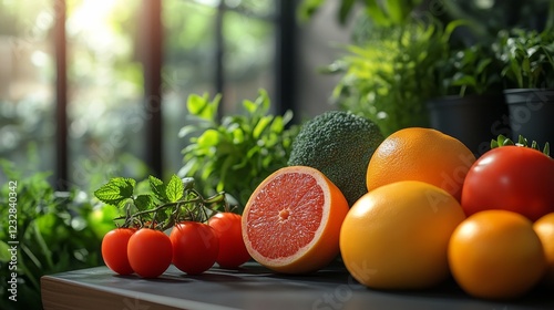 Fresh fruits and vegetables on a kitchen countertop ready for preparation