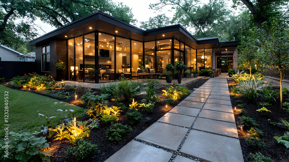 Fototapeta premium Modern house backyard pathway landscape lighting