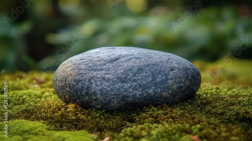 Smooth stone resting on vibrant green moss in a serene natural setting
