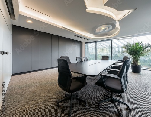 Belle salle de réunion avec de nombreux fauteuils en cuir et décoration élégante sous la lumière d'un baie vitrée en ia photo