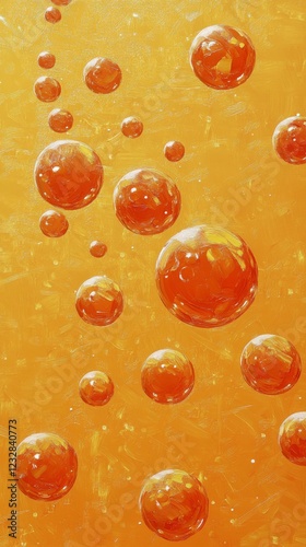 Bubbles rising in a vibrant orange and yellow liquid against a textured backg...