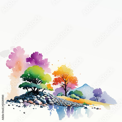 watercolor landscape with trees, pebbles and river decoration border vector with white upper area