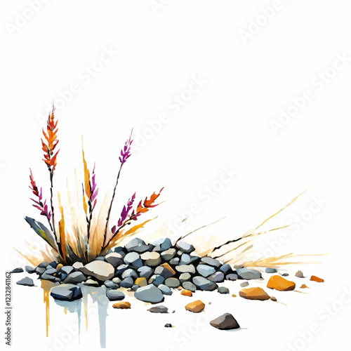 pebbles and plants watercolor vector ornament decoration with white upper area