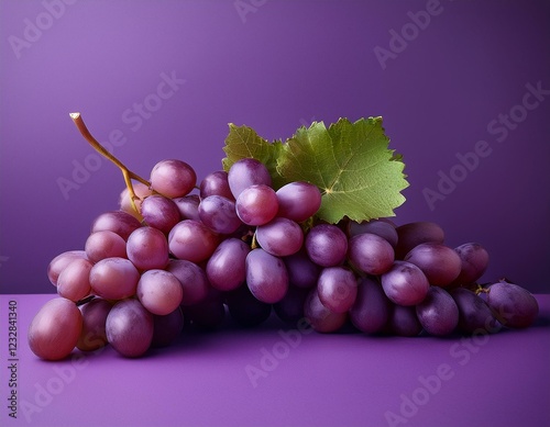 raisins rouges avec des feuilles de vigne sur fond violet en ia photo