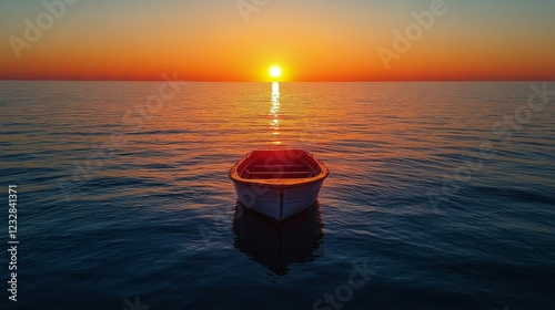 Sunset over calm sea with a boat silhouetted in peaceful waters