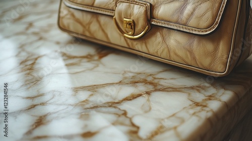 Stylish brown leather handbag resting on a marble surface in a well-lit indoo...