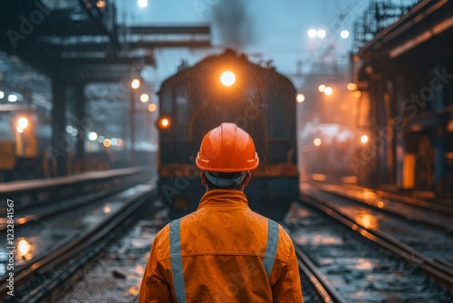 Worker in safety gear observes approaching train at rail yard during overcast...
