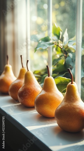 Fresh pears lined up on a windowsill catching warm sunlight in a rustic kitchen