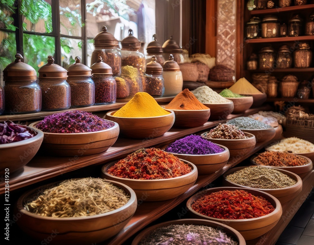 Fototapeta premium sélection d'épices dans un boutique d'un vendeur du maroc, herbes et épices colorés et gourmandes en ia