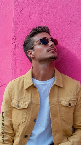 Young man enjoying a sunny day against a vibrant pink wall in an urban location