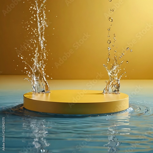 empty yellow podium mockup with water splash on a gradient background, empty yellow podium mockup with water splash on a gradient background for product display, 