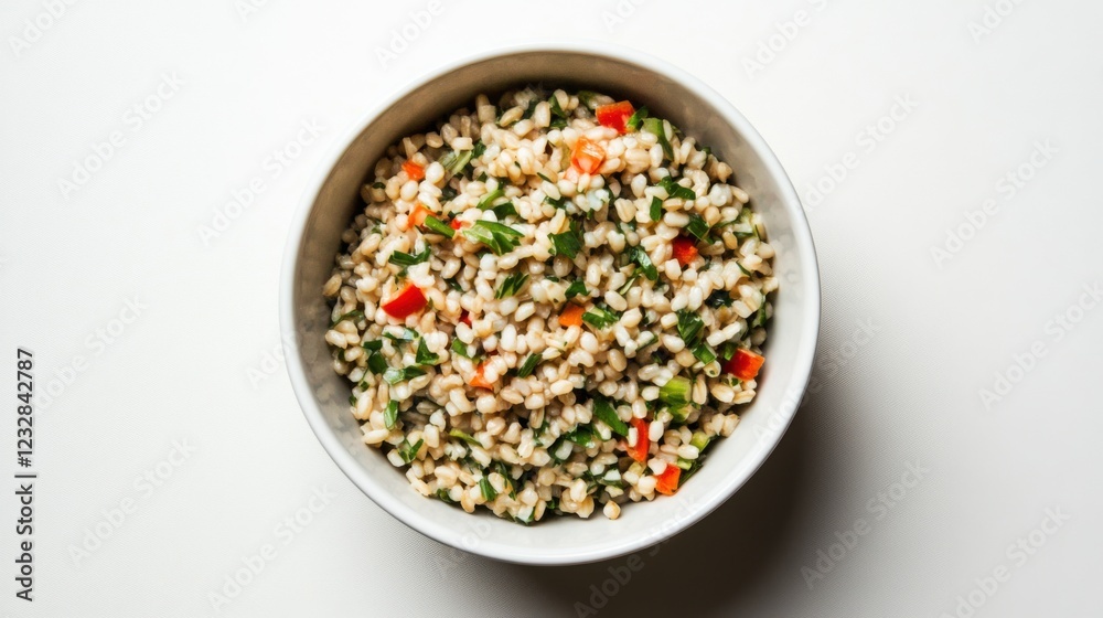 A simple bowl of plain barley salad with a light lemon dressing, served in a minimalist white ceramic bowl, Barley salad centered A simple bowl of plain barley salad with a light lemon dressing, served in a minimalist white ceramic bowl, Barley salad centered