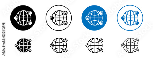 Clients worldwide icons set in black and blue colors on white background