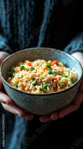 Colorful vegetarian bowl featuring rice, fresh vegetables, and herbs in a lus...