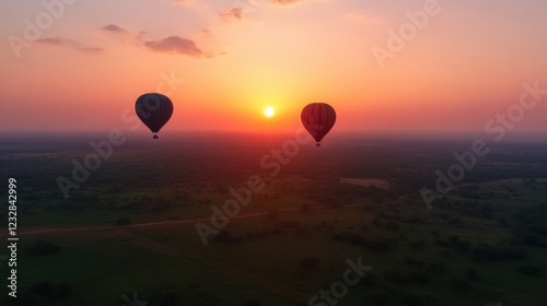 hot air balloons soar over a scenic landscape at sunrise