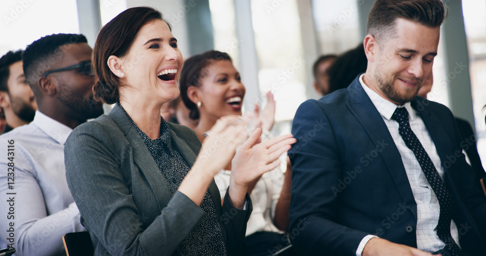 Woman, applause and happy in audience, conference and celebration for company goals with cheers. Business people, men and crowd with diversity, success or excited for announcement at insurance agency Woman, applause and happy in audience, conference and celebration for company goals with cheers. Business people, men and crowd with diversity, success or excited for announcement at insurance agency