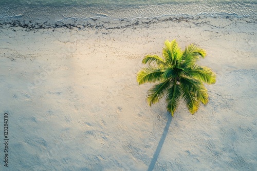 Lone palm tree casting a shadow on a serene sandy beach by the ocean waves