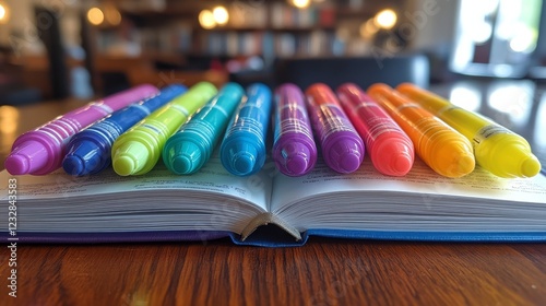 Colorful markers arranged on an open notebook with soft lighting in a cozy se...