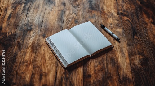 Open blank notebook on wooden desk near window with vintage pen and clock