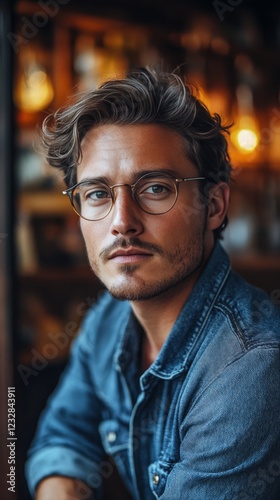 Young man with glasses wearing denim shirt, showcasing a serious expression i...