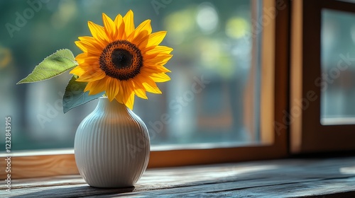 Sunflower in a white vase by the window on a sunny day enhancing indoor decor