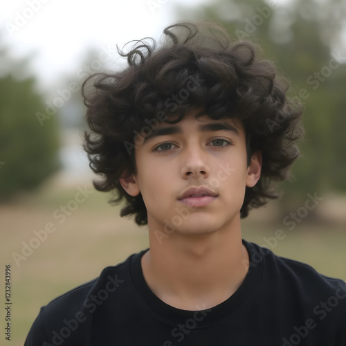 Un joven galante con rizos deslumbrantes y ojos llenos de misterio. photo