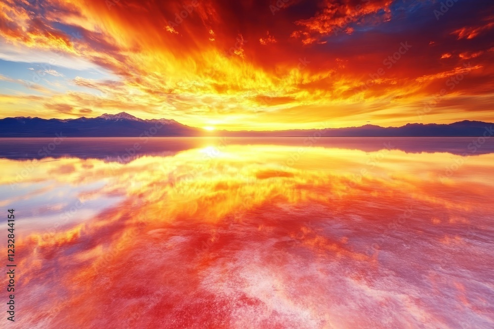 Fototapeta premium Vibrant Sunset Over Calm Water with Dramatic Sky and Mountains