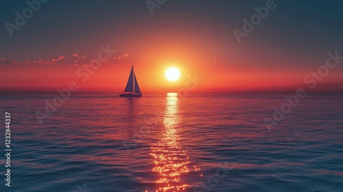 Sunset over calm sea with a boat silhouetted in peaceful waters