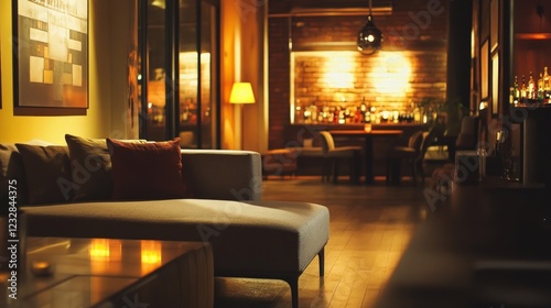 Cozy Lounge Interior with Elegant Lighting and Warm Atmosphere