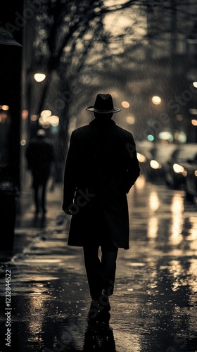 Mysterious figure walks alone on a rainy city street at night
