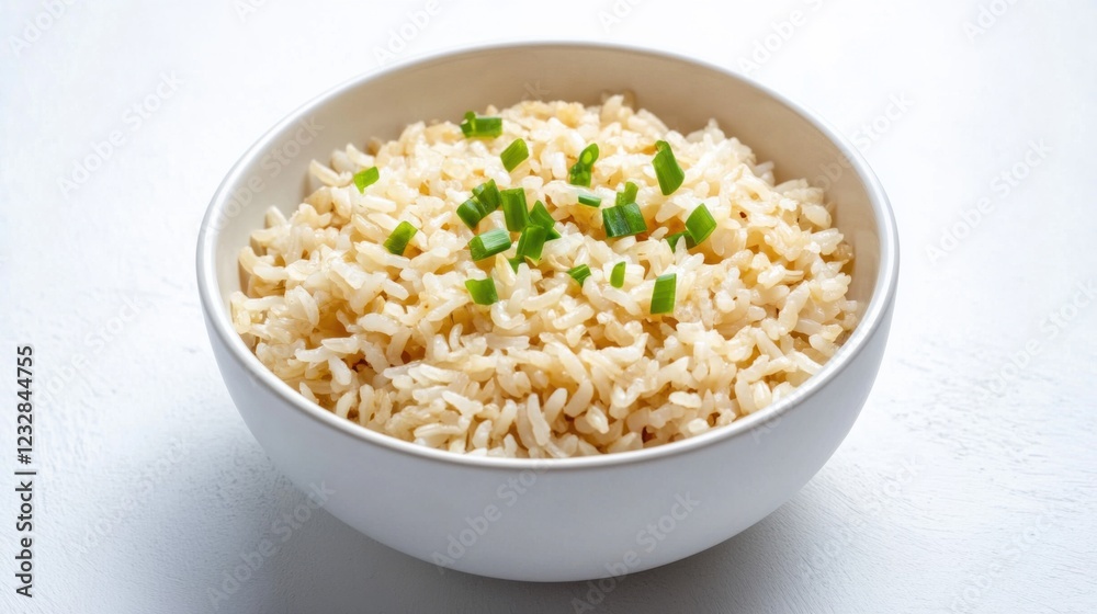 A simple bowl of plain brown rice with a light drizzle of soy sauce and a sprinkle of chopped green onions, served in a minimalist white ceramic bowl, Brown rice centered A simple bowl of plain brown rice with a light drizzle of soy sauce and a sprinkle of chopped green onions, served in a minimalist white ceramic bowl, Brown rice centered