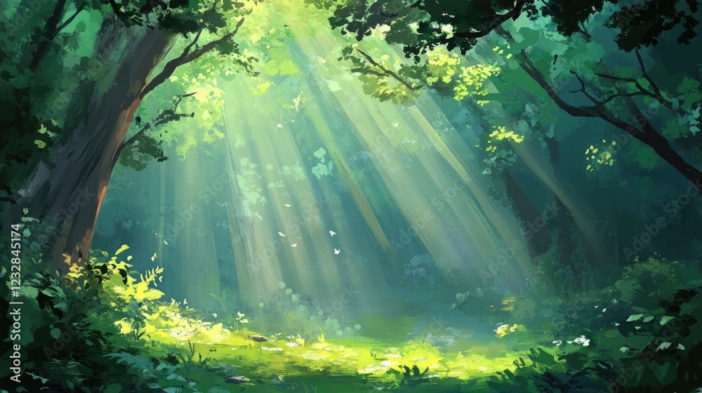 Sunbeams Illuminate Lush Forest Clearing