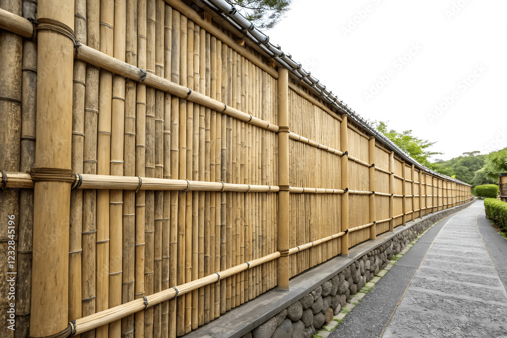 Traditional Bamboo Fence: A rustic and elegant bamboo fence stretches along a stone path, showcasing the beauty of traditional Japanese architecture and craftsmanship. Traditional Bamboo Fence: A rustic and elegant bamboo fence stretches along a stone path, showcasing the beauty of traditional Japanese architecture and craftsmanship.
