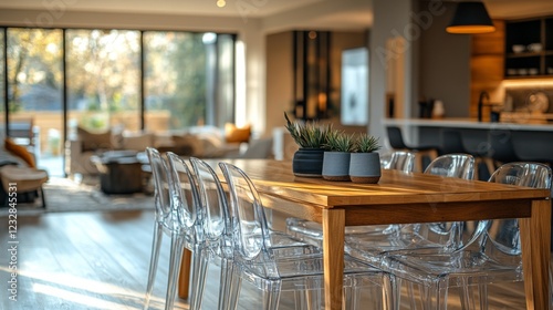 Elegant modern dining room with glass table and unique seating arrangement in...