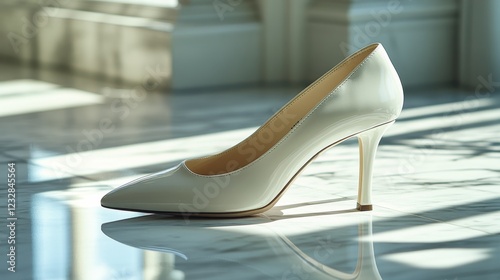 Elegant beige high heel shoe on marble floor with soft sunlight reflections i...
