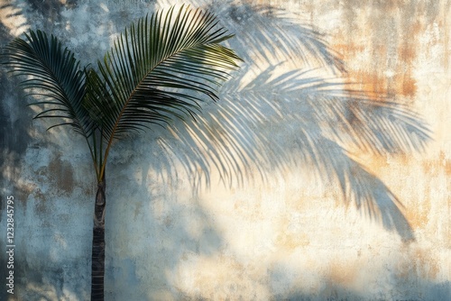 Shadow of palm fronds on textured wall creating a striking monochrome contrast