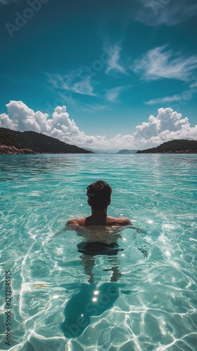 Calm swimmer enjoying the serene blue waters under a clear sky at midday