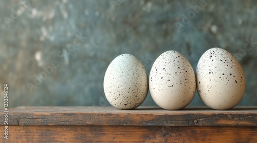 Colorful speckled eggs arranged on a rustic wooden surface against a textured...
