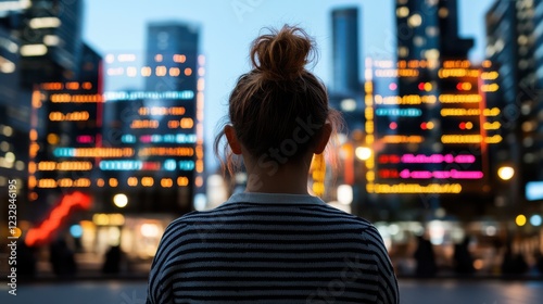 A solitary figure gazes at a vibrant cityscape illuminated by reflections of colorful lights, evoking a sense of wonder and contemplation.