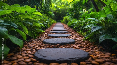 Serenity found in a lush garden path lined with vibrant greenery and smooth s...