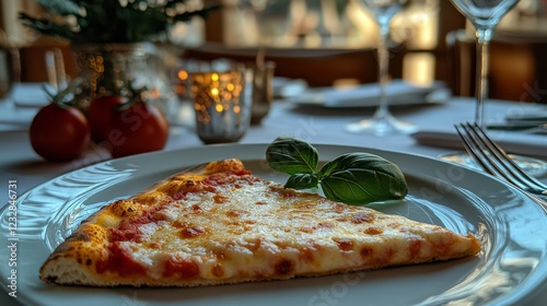 Delicious slice of cheese pizza served on a plate at a cozy restaurant setting