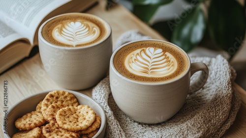 Warm coffee and cookies on a cozy table with a book and plant in the background