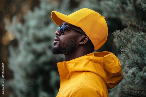 Man in yellow raincoat exploring lush forest on a rainy day