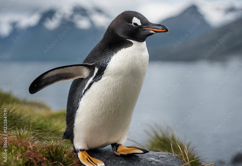 Naklejka premium Gentoo penguin with scenic mountain backdrop.