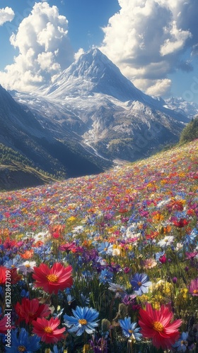 Vibrant wildflower meadow with snow-capped mountains in the background during...