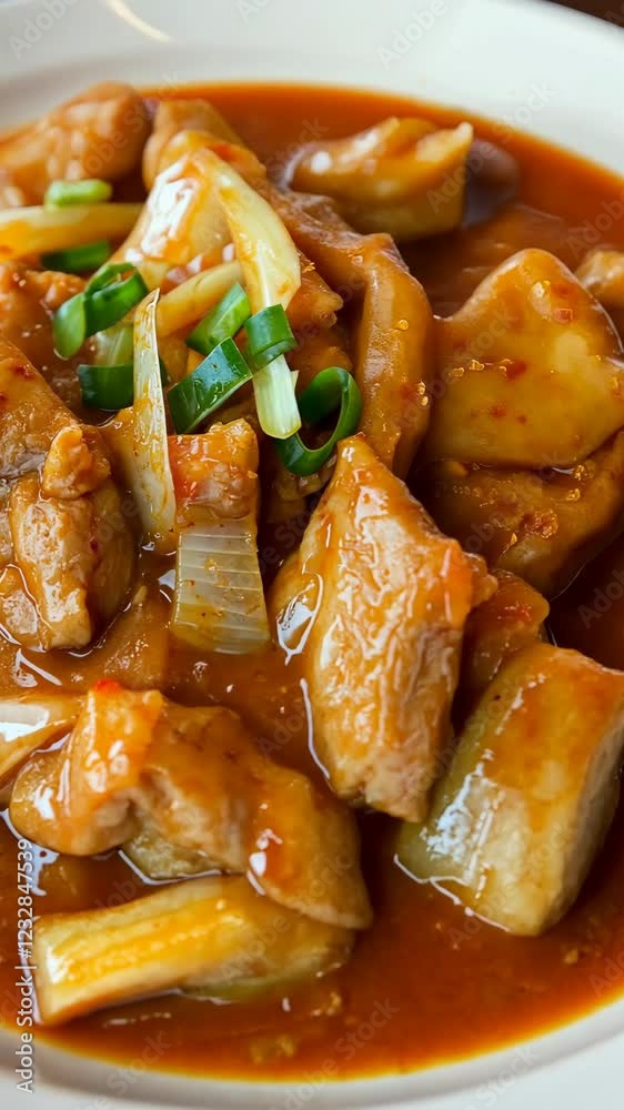 Delicious dish of tender meat in rich sauce garnished with fresh herbs served in a white bowl Delicious dish of tender meat in rich sauce garnished with fresh herbs served in a white bowl