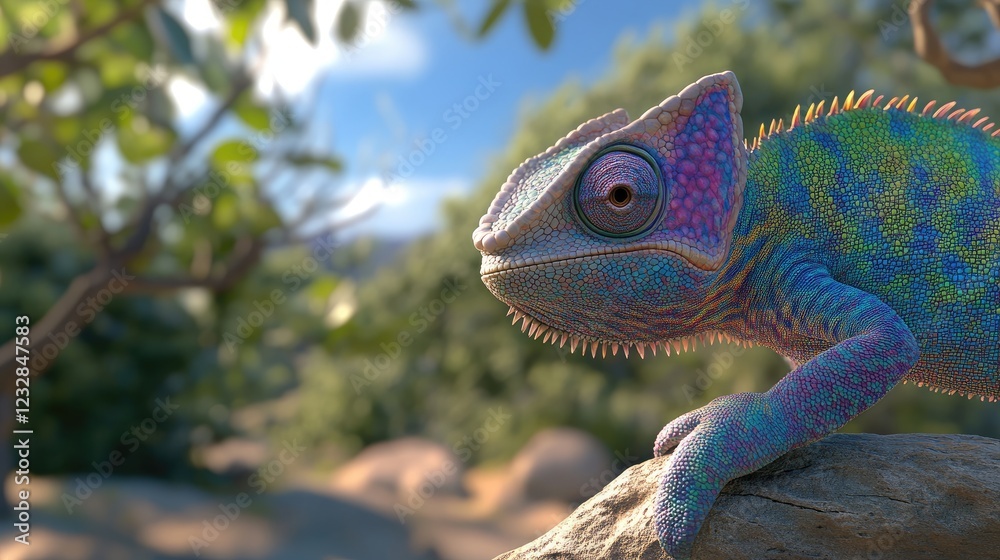 Vibrant Chameleon Perched on a Branch in Sunlight Vibrant Chameleon Perched on a Branch in Sunlight