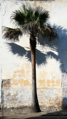 Tall palm tree casting a distinct shadow on an aged wall during sunny daylight