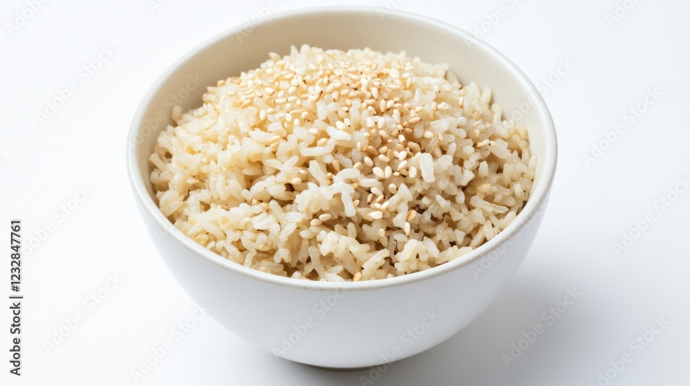 A simple bowl of plain brown rice with a light sprinkle of sesame seeds, served in a minimalist white ceramic bowl, Rice centered A simple bowl of plain brown rice with a light sprinkle of sesame seeds, served in a minimalist white ceramic bowl, Rice centered